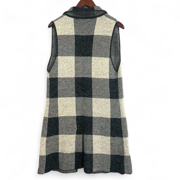 Monteau Knitted Vest Women Size M Black Plaid Mid Length Pockets Collared - Picture 2 of 11